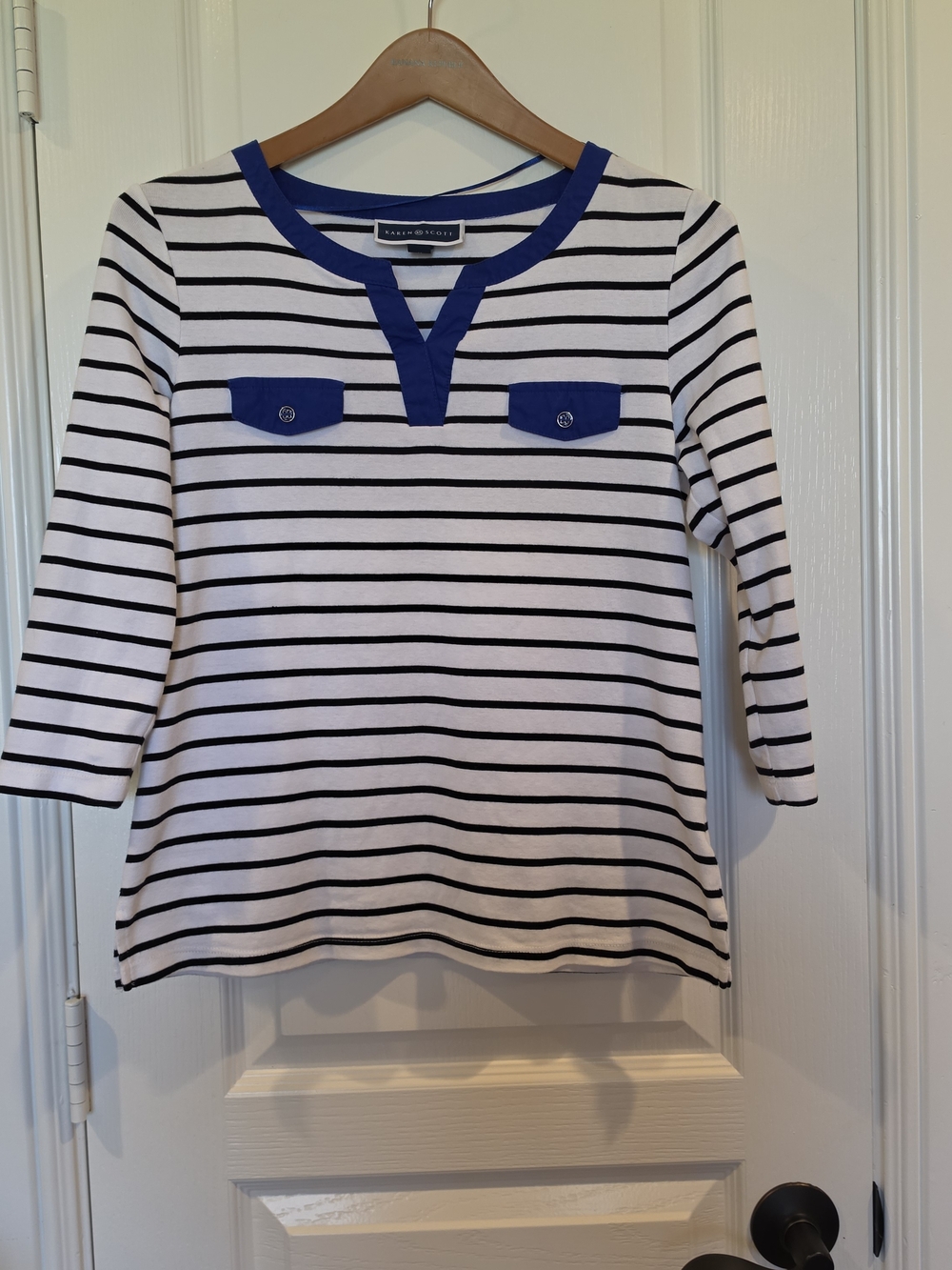 Karen Scott, Striped White and Black Knit Top with Royal Blue Trim